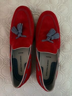 Johnston & Murphy Red Suede Tassel Loafers with Gray Accents